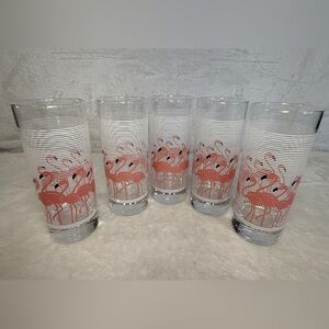 MCM 5 Highball PINK FLAMINGO White Stripes Vintage Glass Tumblers by Luminarc